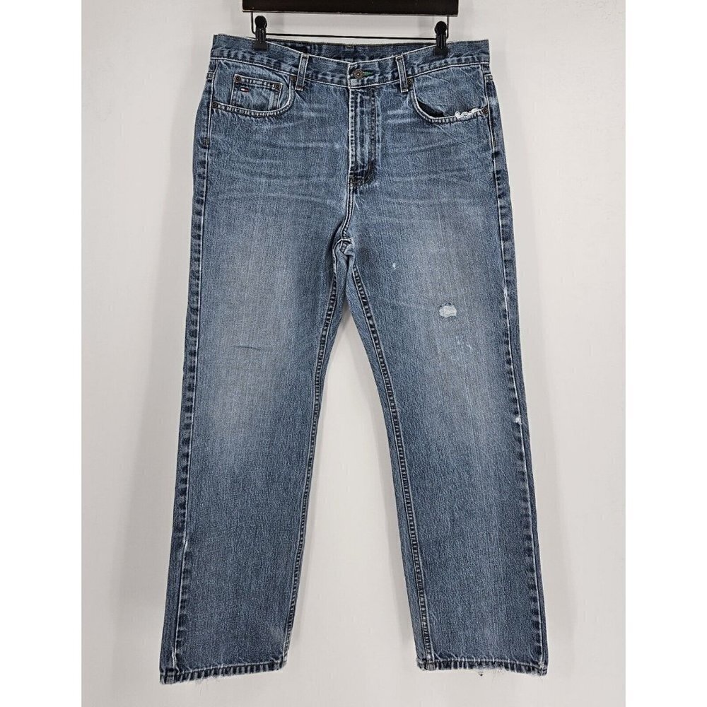 Tommy Hilfiger Mens Blue Tommy Jean Distressed Medium Wash Straight Jeans 36/32